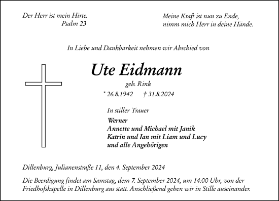 Traueranzeige von Ute Eidmann von Dill Block