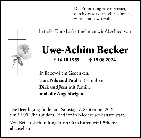 Traueranzeige von Uwe Achim Becker von Hinterländer Anzeiger