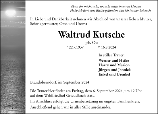 Traueranzeige von Waltrud Kutsche von Wetzlarer Neue Zeitung