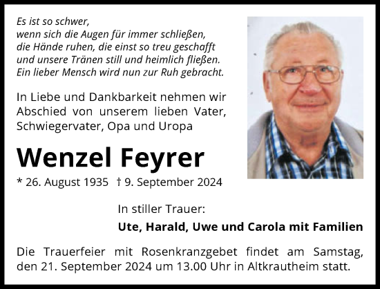 Traueranzeige von Wenzel Feyrer von GESAMT