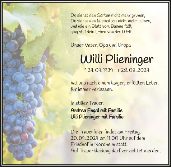 Traueranzeige von Willi Pieninger von GESAMT