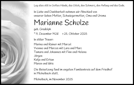 Traueranzeige von Marianne Schulze von GESAMT
