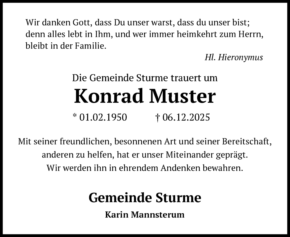  Traueranzeige für Konrad Muster vom 16.12.2025 aus VRS