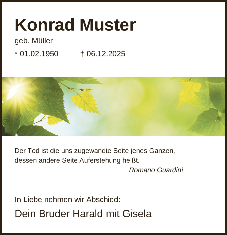  Traueranzeige für Konrad Muster-Ohne vom 17.12.2025 aus 